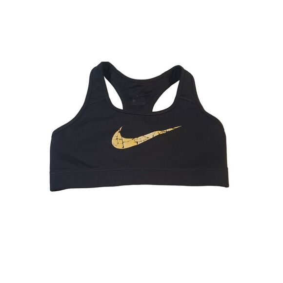 Nike Sports Bra Womens Small Dri-Fit  Black Gold Swoosh Criss Cross Back Workout - Picture 4 of 12